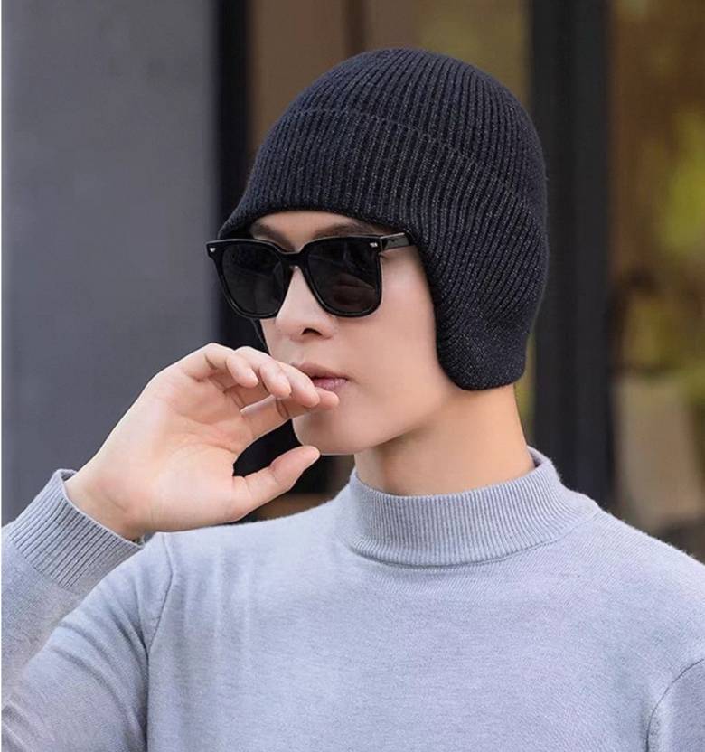 Winity Earflap Soft Warm Knitted Korean Style(Double Layers Fabric) Winter Caps for Men Woven Beanie