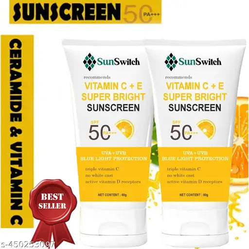 Sunscreen - SPF 50 PA+++ Vitamin C+E Super Bright Sunscreen, SPF 50 PA+++ (60 g) pack of 2 - Springkart