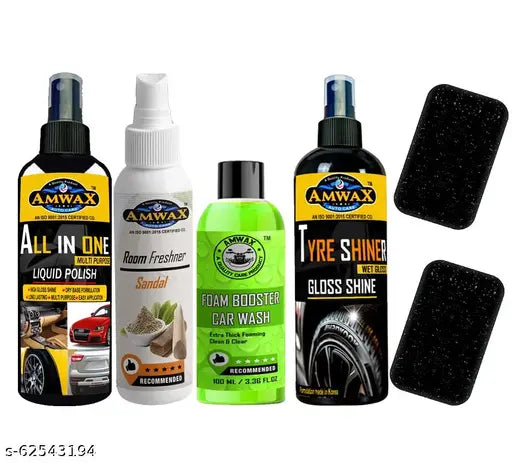 Complete Car & Bike Care Kit / All In One Liquid Polish 100ml / Tyre Shiner 100ml/ Foam Booster Shampoo 100 ml / Air freshner Spray 100 ml - Springkart