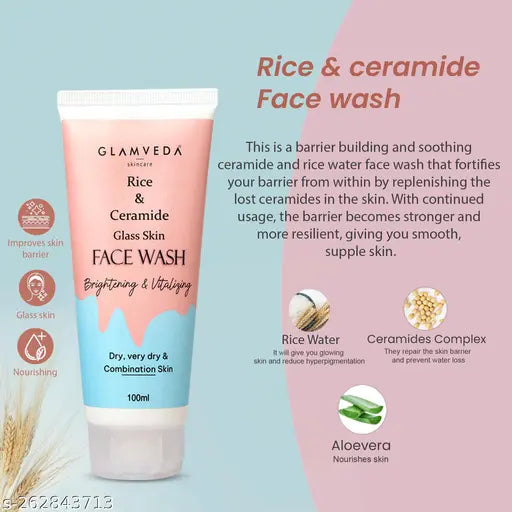 Rice & Ceramide Korean Glass Skin Combo Gift Pack with Face wash for Dry, Sensitive & Combination skin, Peel Off Mask for Reducing signs of ageing & Facial kit for Skin Brightening ( 3 items in the set )