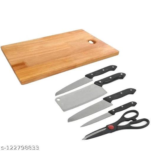 Knife Set-Stainless Steel Kitchen Knife Set with Wooden Chopping Board & Scissor Vegetable & Meat Cutting (Set of 5) - Springkart