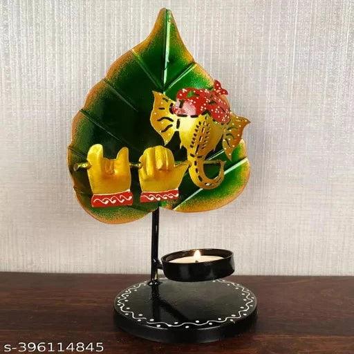 Hand Crafted Metal Lord Ganesha Leaf T-Light Candle Holders - Springkart