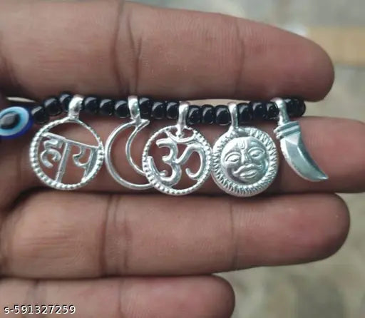 Shree Jee Jewellers Pure Silver Nazar Pendant for New Born Babies kids in Silver Chand, Suraj, haaye, Evil Eye & Om Pendants, Black Pure Cotton Thread Protection