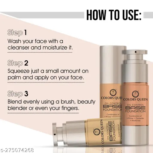 Colors Queen Oil Control Base Foundation with Combination of Primer, Concealer, Moisturizer (Natural Almonds, 30ml)