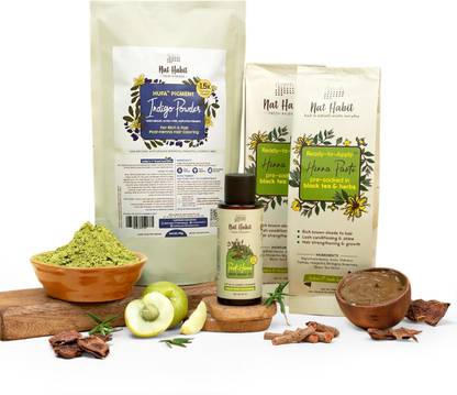 Nat Habit Henna Hair Combo – Ready to apply Henna Paste, Indigo Powder & Stain Oil (4 Items in the set)