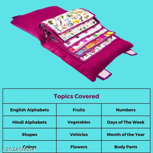 Soft Velvet Pillow Book with English and Hindi Alphabets, Numbers, Animals Names Learning (Pink) - Springkart