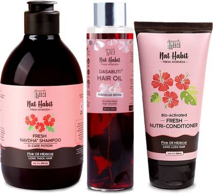 Nat Habit Hibiscus Hair Oil, Shampoo and Conditioner Combo | 3-in-1 Complete Hair Care Kit (3 Items in the set)