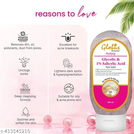 Globus Remedies Anti Acne Glycolic & 1% Salicylic Face wash, For Oily & Acne Prone Skin, 100 ml (Pack of 3)