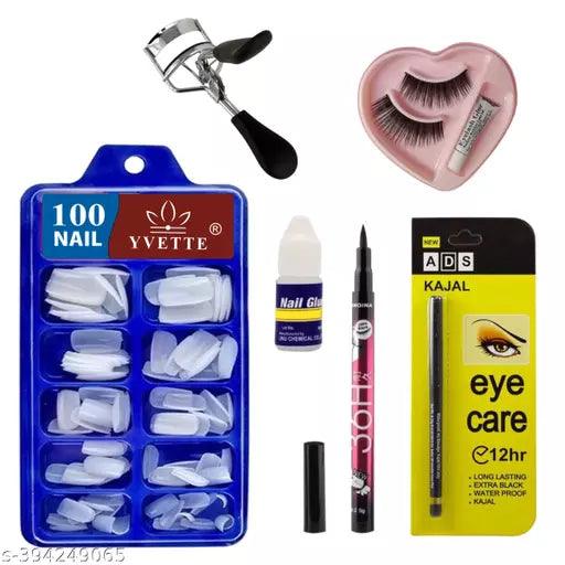 Artificial Nails (100), Glue, False Eyelash, Eyeliner, Kajal, Eyelash Curler - Springkart