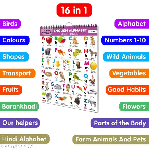 ENGLISH-HINDI Chart For Kids (16 Charts ) 36 x 50 cm - Children Spiral Wall Picture Chart - Springkart