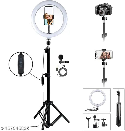 Combo of 10" Selfie Light with 6.9ft Tripod & Collar Mic for Your Personal and Professional Video Shoot - Springkart