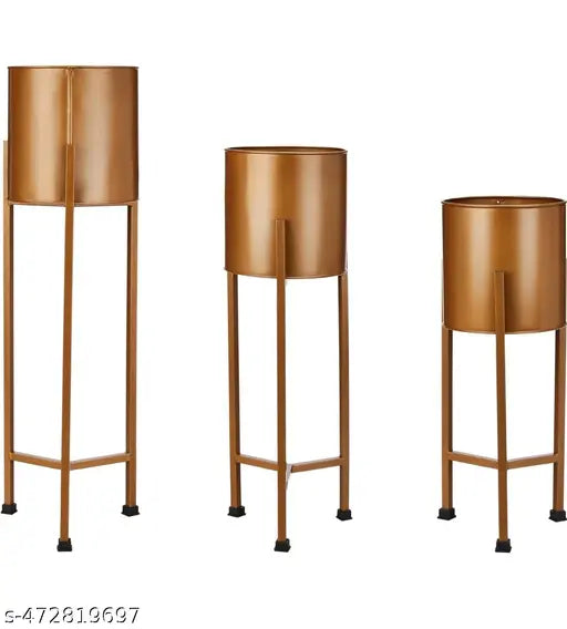 Metal Planters Pot Holder (Round Base) with Metal Plant Stand (Gold, Set of 3) | Tall Indoor Plant Stand with Planter Pot, suited for indoor/outdoor Plant stande Planter stande with pot Metal planter