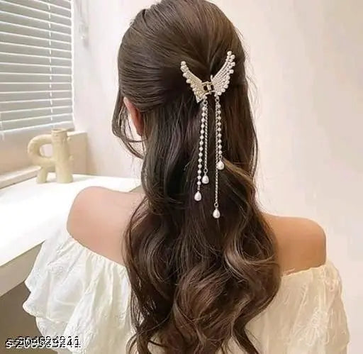 Pearl Elegant Royal Fashion Tassel Rhinestone Hair Claw | Butterfly Clip | Pins | Barrette Jaw Clamp Hair Accessories For Wedding Bridal Women Accessories - Springkart