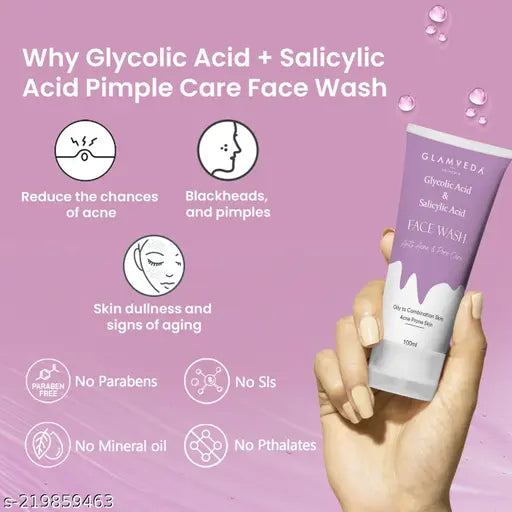 Glamveda Glycolic acid & Salicylic Acid Anti Acne face wash | Reduces acne scars & breakouts| Pimple Care | Oily & Acne Prone Skin | No Paraben, SLS | Pack of 2