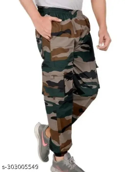 Men's Regular Fit Army Print Cargo Style Casual Trousers Pants