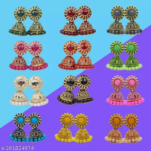 Combo of 12 Pair Colorful Small Jhumki Earrings - Springkart