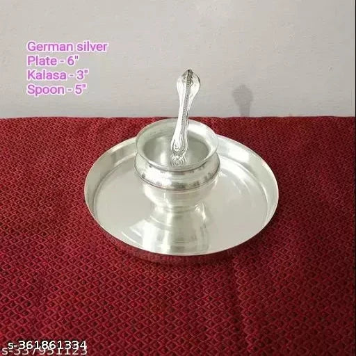 Gorgeous Puja Article German silver - Puja thali, 6" Inch plate, 3" Kalasa and Spoon - Springkart