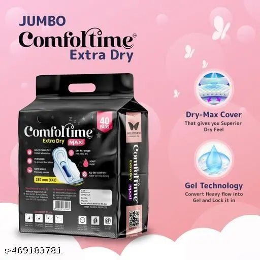 COMFORTIME MAXI Sanitary pads | XXL(80 PADS, 280mm) Extra Dry Pads | Combo & Pack of-2 | Period Pads(Sanitary Napkins) For Heavy Flow (WITH 6 FREE PADS)