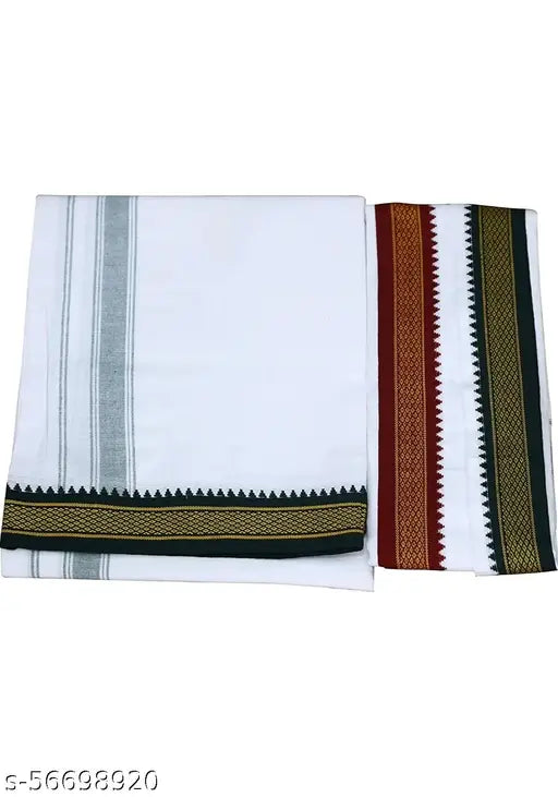 Cotton 2.00 Meter Thalapathy Border White Lungi and Angavasthram For Men - Springkart