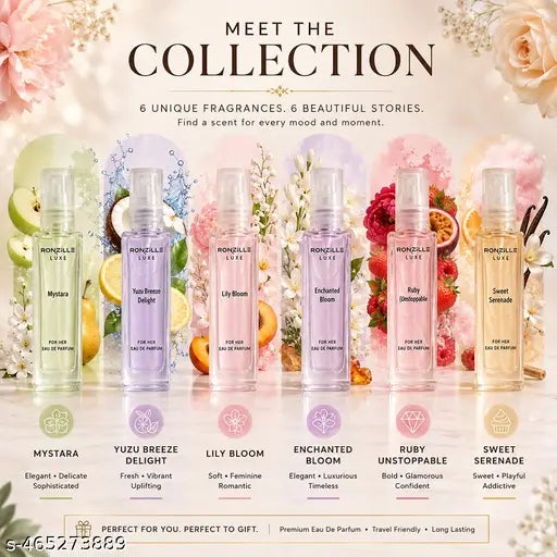 Ronzille Luxe Women Eau De Perfume Enchanted Bloom Eau, Lily Bloom,Mystara,Ruby,Yuzu Breeze,Sweet Serenade- 48ml(Set of 6)