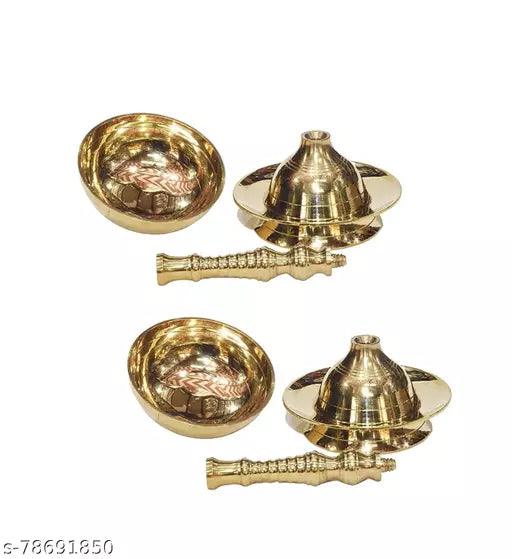 Pure Brass Plain Nanda Bowl Long Table Diya, 5.5 inches Big, Brass, Pack of 2 pcs (with Lavanga - 2pc) - Springkart