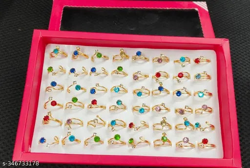 Pack of 48 Golden plated with Multicolor stones Rings for Girls, Women & Ladies(1 Box) - Springkart