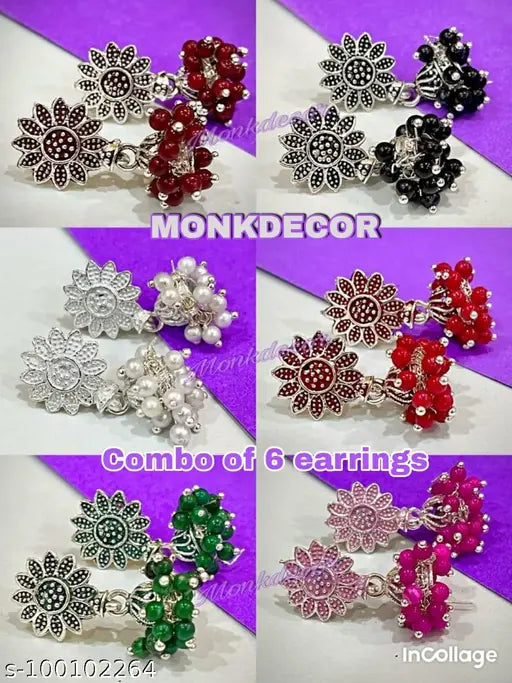 Original Classic Silver Sunflower rajkot western small jhumkis . (Combo of 6 pairs) - Springkart