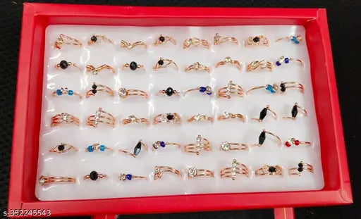 Combo of 48 Multicolor Nag, Stones Golden plated Rings with Mix design for Girls, Women & Ladies(1 Box) - Springkart