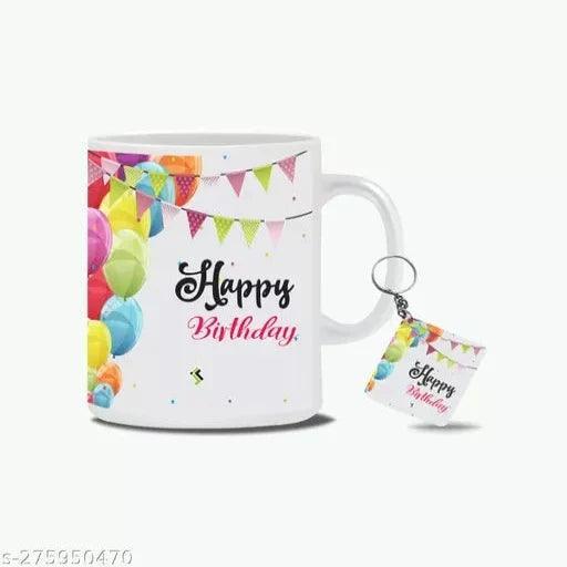 'Happy Birthday' Printed Cushion Cover with Filler Combo = Pillow + Mug + Key Chain (12" x 12 Inches) - Springkart