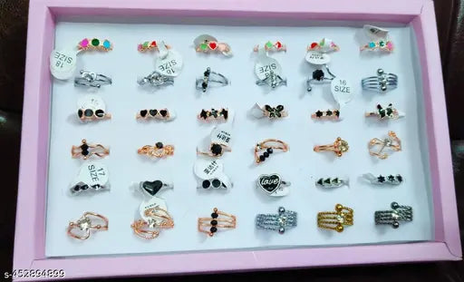 Combo Pack of 36 Multicolor, Colorful Multi Design Rings for Girls, Ladies & Women(1 Box) - Springkart