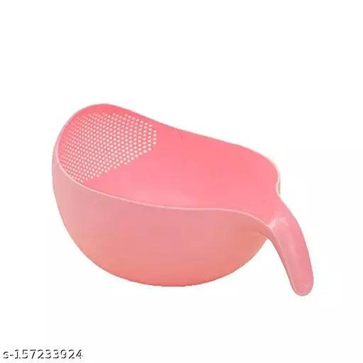 Rice Bowl Plastic Fruit Bowl Thick Drain Basket with Handle Strainer-(Green+Pink) - Pack Of 2 - Springkart