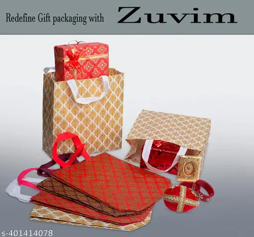 Carry Bag for Return Gifts | Shopping Bag | Reusable Non-Woven Tote Bags, White-Gold Printed Pack of 10nos - Springkart