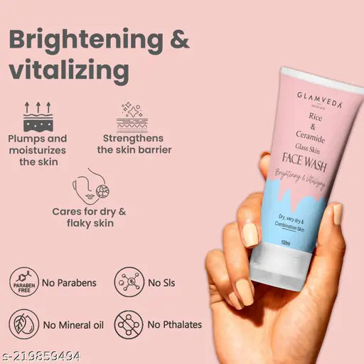 Glamveda Rice & Ceramide Korean Glass Skin Face Wash | Brightening & Clarifying |Dry Skin Types | No Paraben, SLS | 100ml ( Pack of 3 )