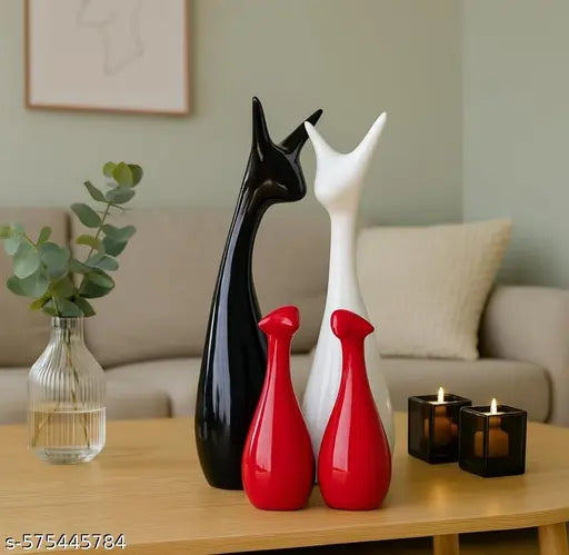 Lucky Deer Family Set | Family of Four Statues Matte Finish Ceramic Sculptures | Home Decoration | Figurine Accessories | Art Gifts | Crafts Pack of 4 (Black, Red& White