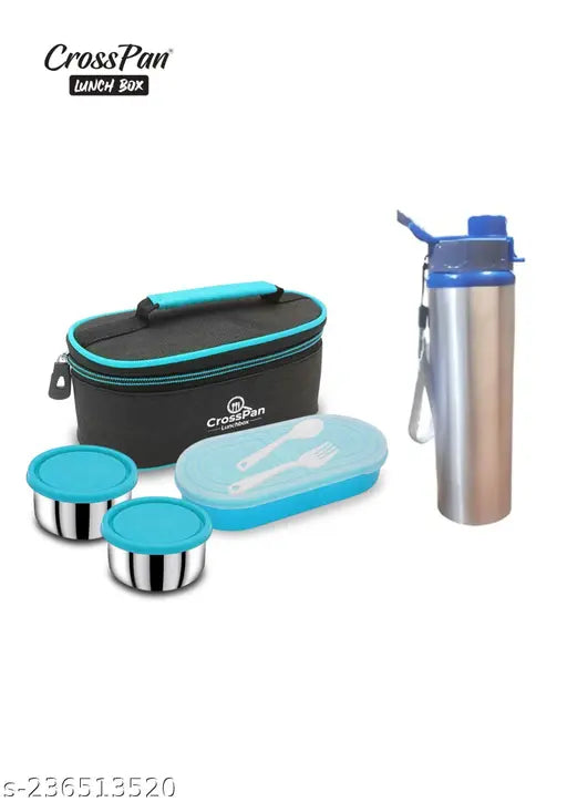 Lunch/Tiffin Box + Water Bottle (700ml)( Lunch Box 2 SS Container,1 Microwave Safe Container) Blue - Springkart