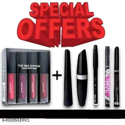Combo of 4 in 1 Red matte lipstick with 4 different shades and Waterproof Eyeliner, Mascara With Eyebrow Pencil 3 g (Black) & 2 LONG LASTING EYELINER PENCIL & ADS KAJAL