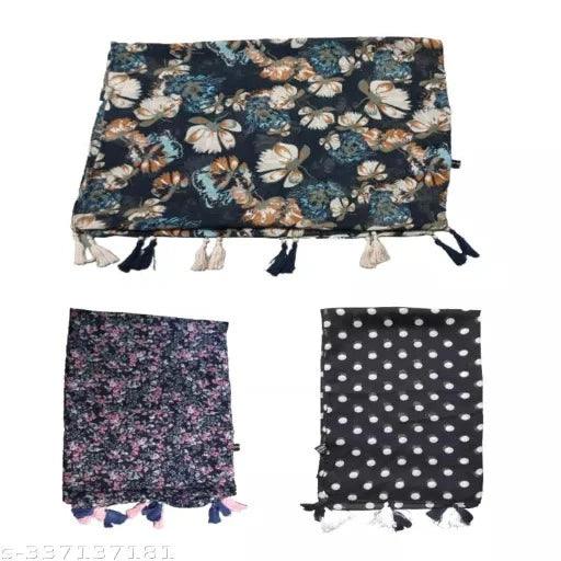 Printed Chiffon multicolor stoles scarves with tassels for Women ladies and girls- Pack of 3 - Springkart