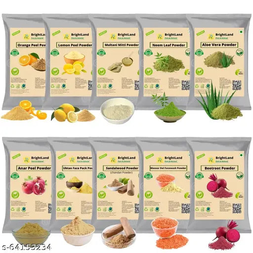 Brightland Combo of Glowing Skin & pimples orange peel powder ,Lemon peel powder, mitti powder,Neem powder, Alovera powder, Anar peel powder, ubtan powder,Sandalwood powder, Masoor dal powder, Beetroot powder (Total-400gm) 40gm each in packet