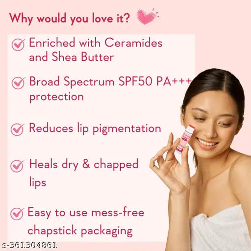 WishCare Tinted Ceramide Lip Balm with SPF50 PA+++ - Kojic Acid & Niacinamide - For Lip Lightening, Sun Protection & Long Lasting Hydration - 5gm