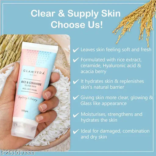 Glamveda Rice & Ceramide Korean Glass Skin Combo ( Face wash + Peel Off Mask ) | Skin Brightening & Anti Dullness