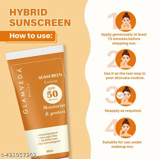 Glamveda Hybrid Sunscreen Lotion SPF 50 PA+++ Moisturize & Protect , UVA & UVB Protection With Vitamin E Formula | Non-Greasy, Quick Absorbing Matte Formula, No White Cast - Ultimate Skin Protection | Pack Of 3 180gm
