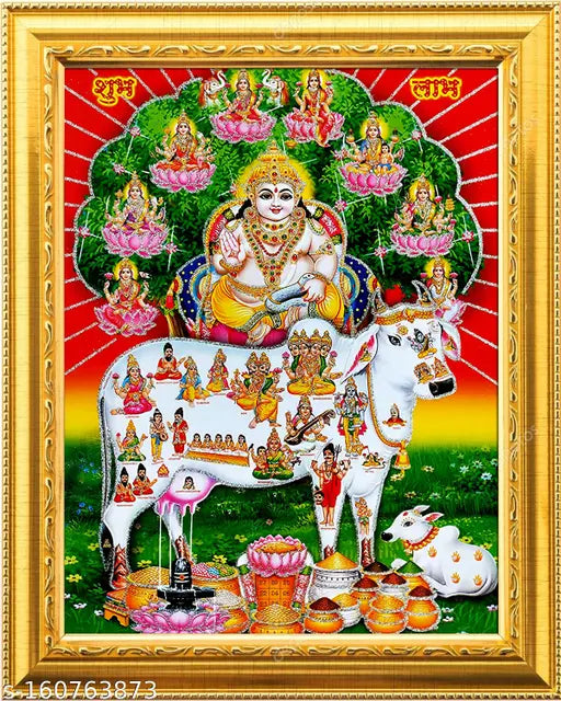 Dhan kuber ji and Kamdhenu cow with Ashtalakshmi (6inchesx8inches) - Springkart
