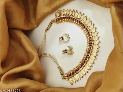 SAGALITE South Indian Traditional Kasumalai Micro Gold Plated Laxmiji Coin Haram Necklace Set For Women And Girls