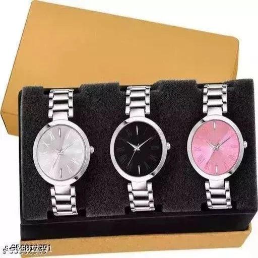 Reloxo MULTI-COLOR DIAL ANALOG SILVER METAL STRAP 3 COMBO WATCH - Springkart