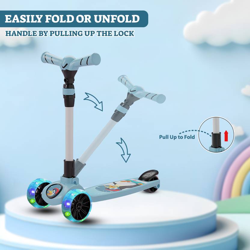 Miss & Chief Spartan Penguin 3 Wheel Kick Scooter,Foldable with LED Wheels,Adjustable Height (Blue)
