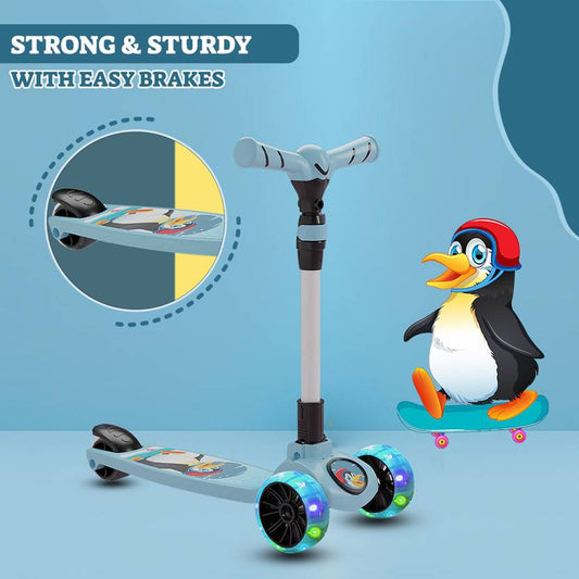 Miss & Chief Spartan Penguin 3 Wheel Kick Scooter,Foldable with LED Wheels,Adjustable HeightĀ Ā (Blue)