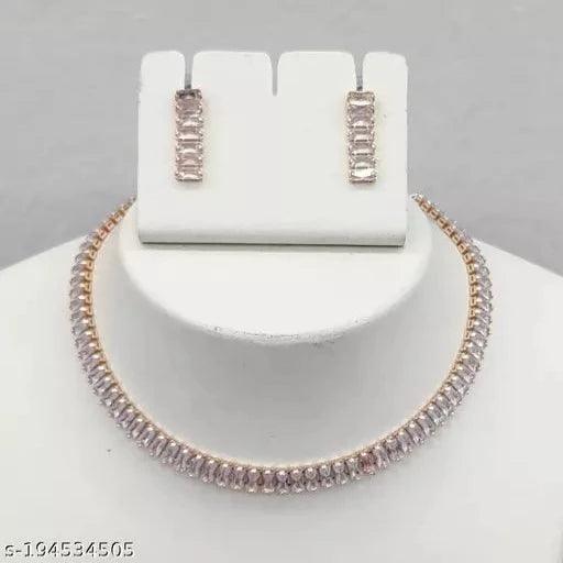 Cubic Zirconia Singal Line Rose Gold Necklace Set - Springkart