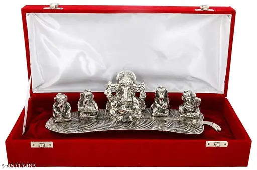 Silver Musical Ganesh God Idol Statue Oxidized Finish with Royal Luxury Velvet Box Diwali GIFT - Springkart