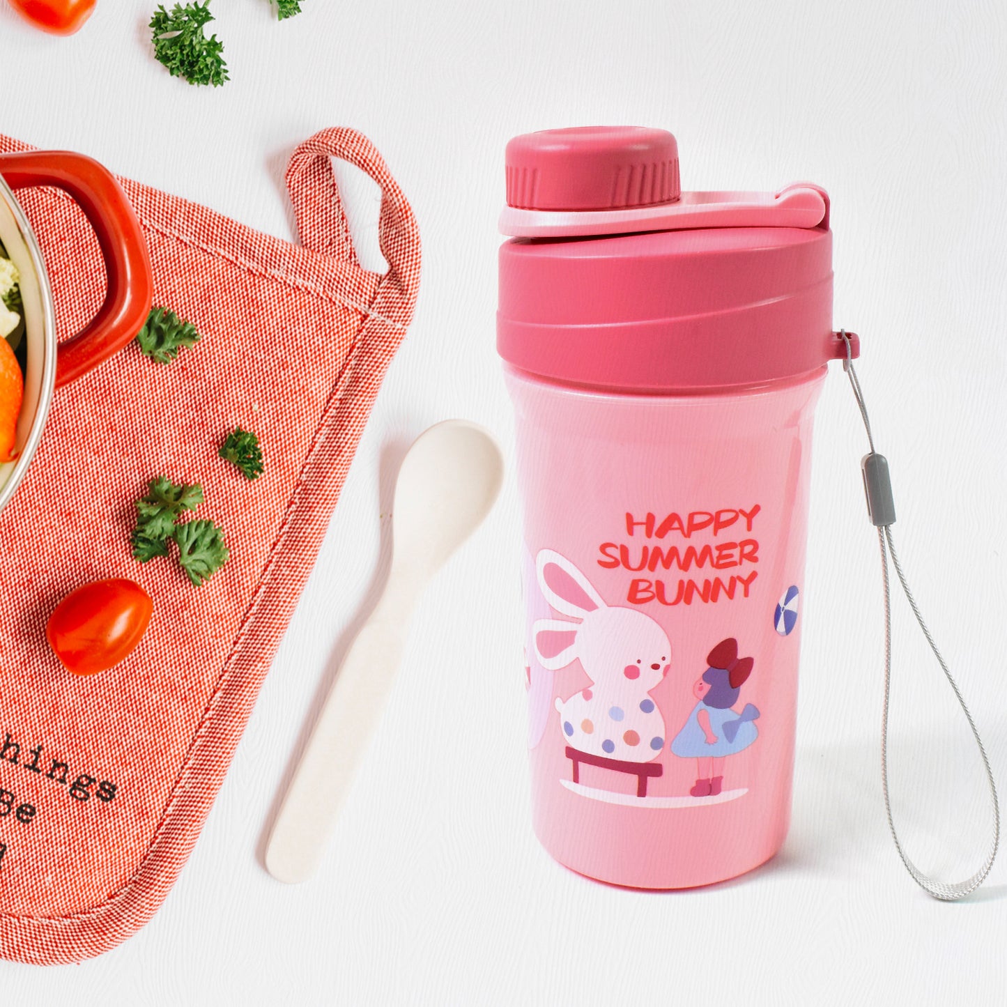 Plastic Lunch Box Leak Proof 2 Compartment With Bottle And Fork (1 Set Mix Color) - Springkart