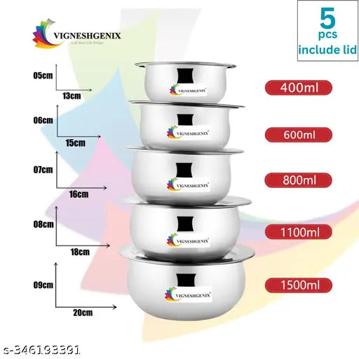 VIGNESHGENIX (5-Piece) Stainless Steel Kitchen Serving & Cooking Handi With Lid | Multi Purpose Cookware Bhaguna |Set of-1500ML,1100ML,800ML,600ML,400ML |Airtight Lids for Improved Food Safety (CIBA)